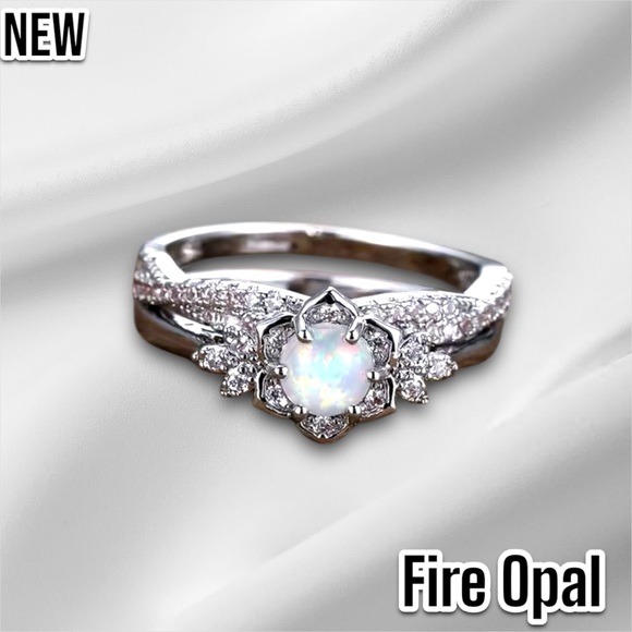 New White Fire Opal Flower CZ Crystal Vintage Wedding Engagement Ring Set - Picture 3 of 14